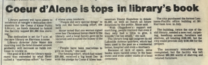 CDA Library 1986 newspper clipping with headline "Coeur d'Alene is tops in library's book"