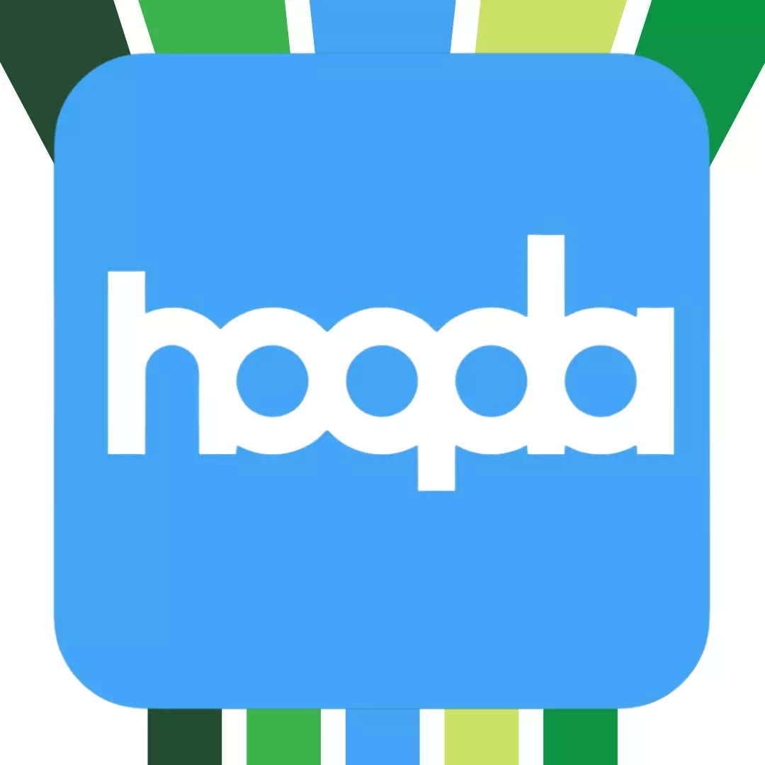 Blue Hoopla logo centered over green and blue vertical stripes.