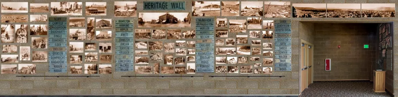 Full panoramic view of the Heritage Wall in the Community Room at the Coeur d'Alene Public Library