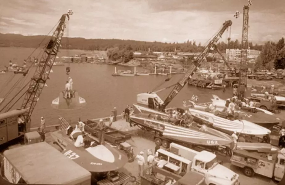 Hydroplane launching for races circa 1958