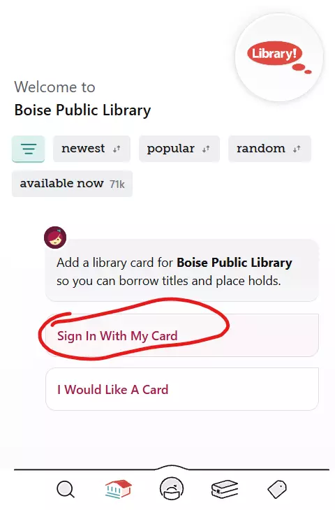 Screenshot of Libby's "Sign in with My Card" link.