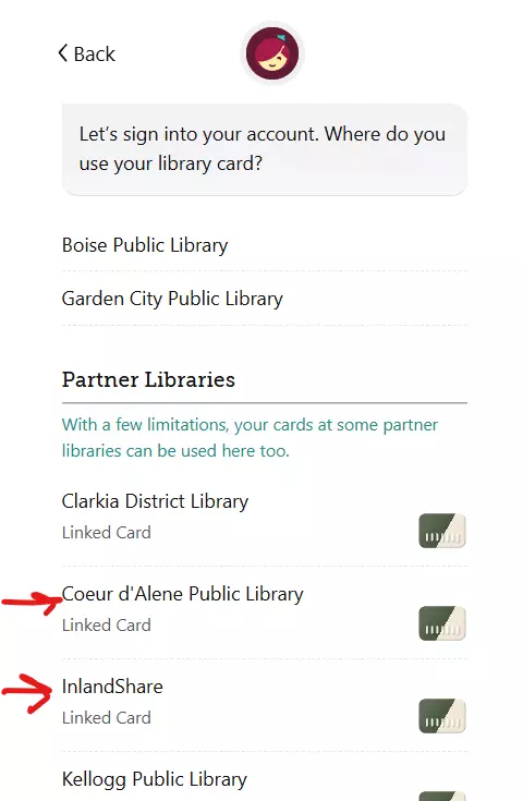 Screenshot of Libby with your library listed to select.