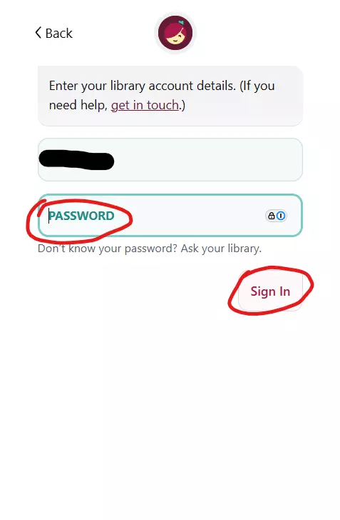 Screenshot of Libby's password textbox.