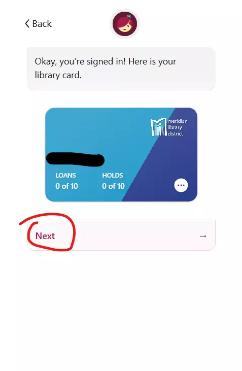 Screenshot of Libby's library card confirmation.