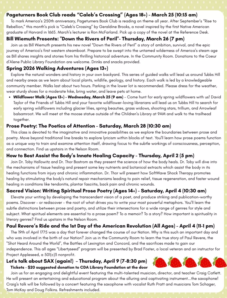 Green border, white background, black text. Text outlines adult programs