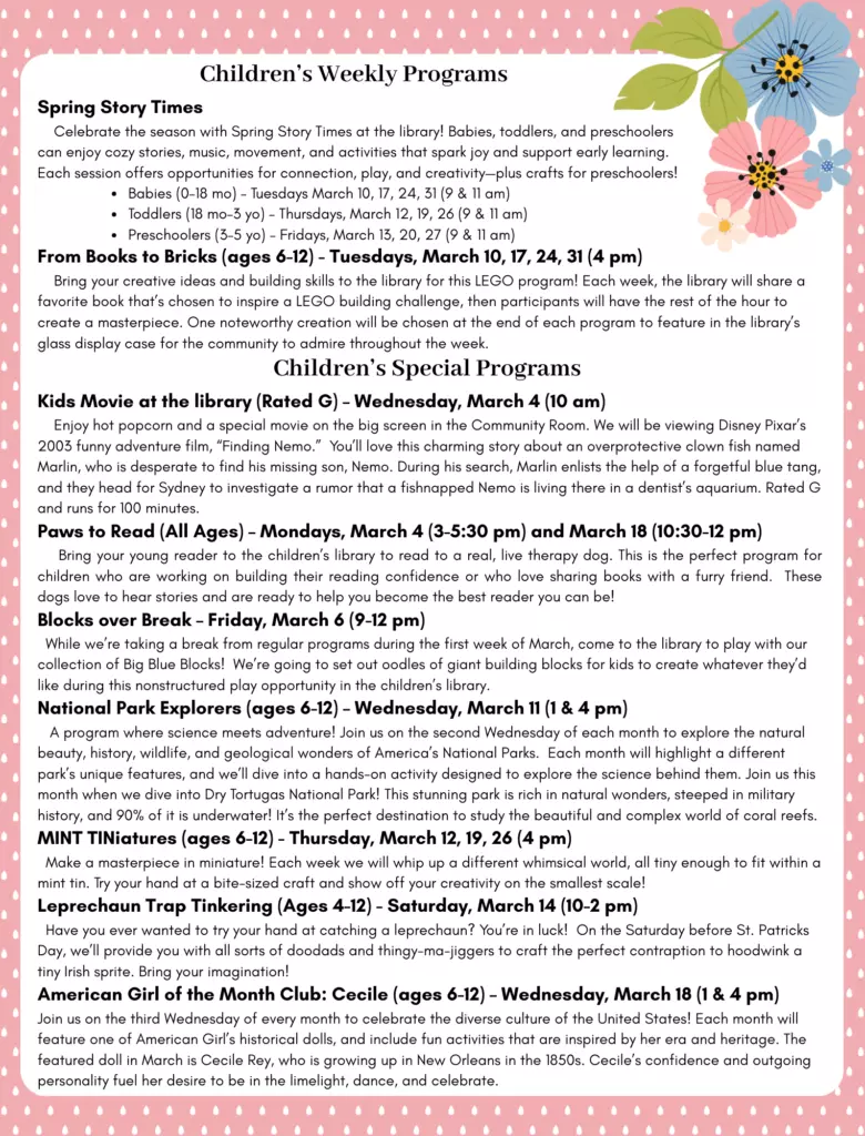 Pink border, white background, black text. Text outlines childrens programs