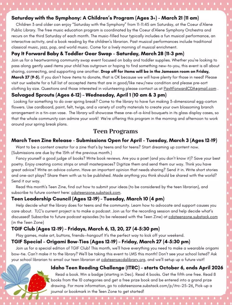 Pink border, white background, black text. Text outlines childrens and teen programs