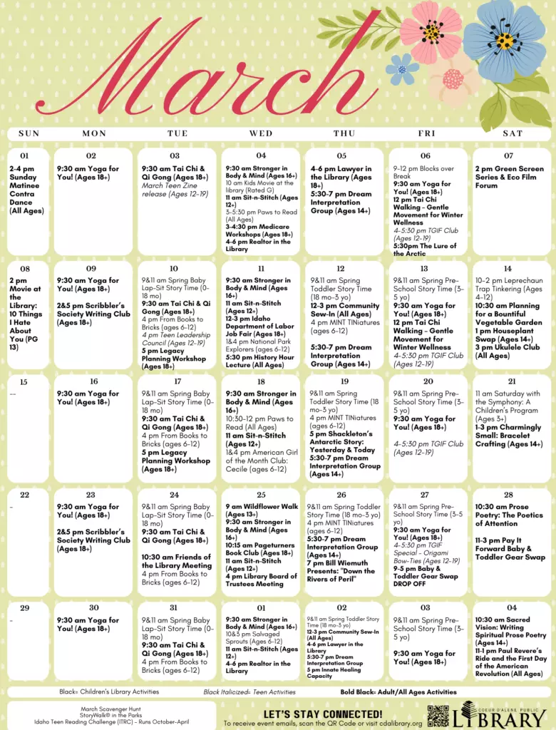 Light green background March calendar