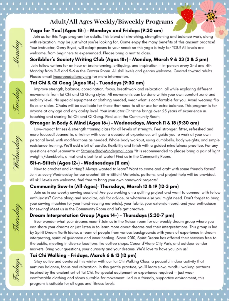 Blue border, white background, black text. Text outlines weekly adult programs