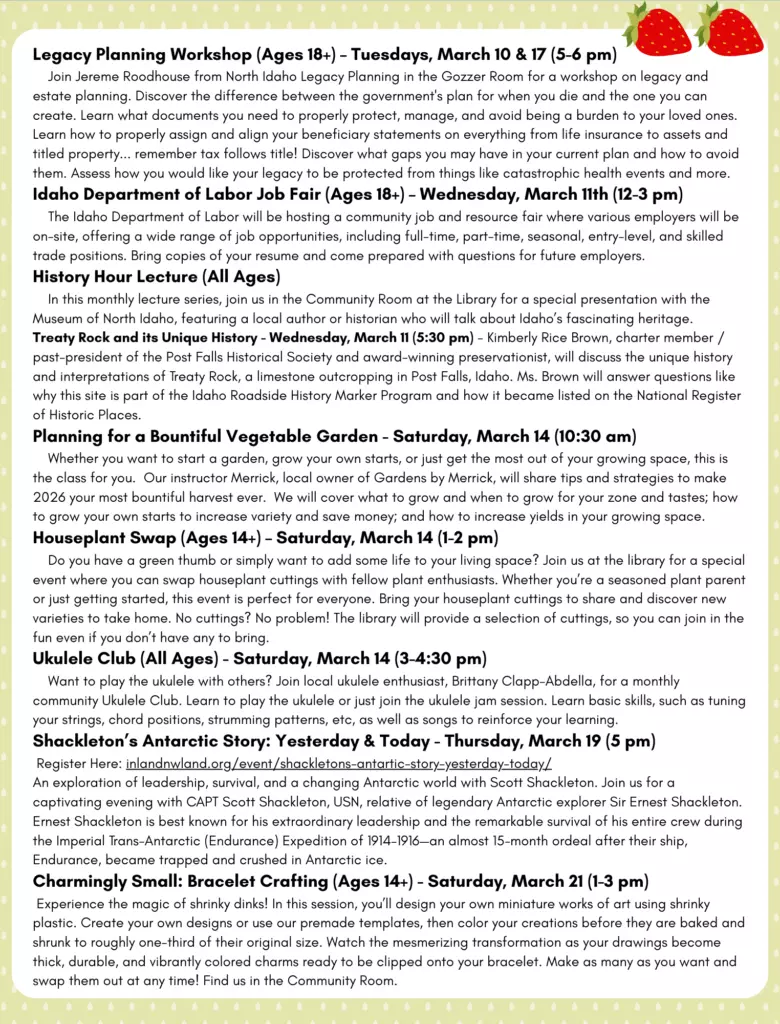 Green border, white background, black text. Text outlines adult programs