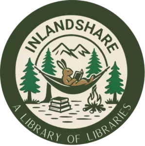 InlandShare - A Library of Libraries logo with a rabbit reading a book while sitting in a hammock between trees and by a stack of books and campfire, with mountains in the background