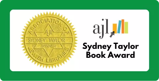 Symbol containing star of David and "AJL (Association of Jewish Libraries) Sydney Taylor Winner"