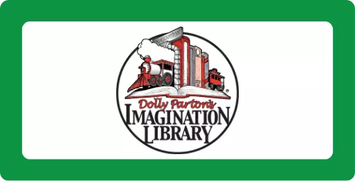 Dolly Parton's Imagination Library - Train riding through a tunnel through shelved books on top of an open book.