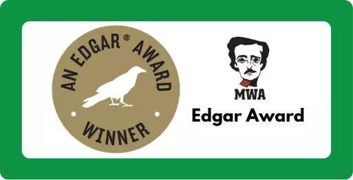 A head with "MWA" and medallion with a raven and the words "An Edgar Award Winner"