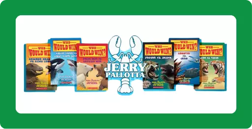 Jerry Pollatta lobster logo with various "Who Would Win" book covers.