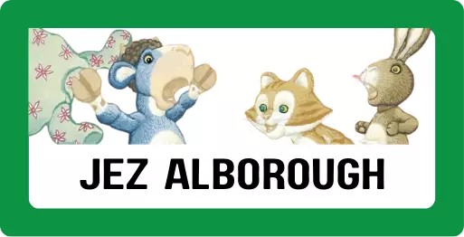 Jez Alborough - Donkey, cat and rabbit with a flowery shirt flying through the air.