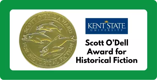 Sunrise & Medallion with three dolphins and the words "Scott O'Dell Award for Historical Fiction"