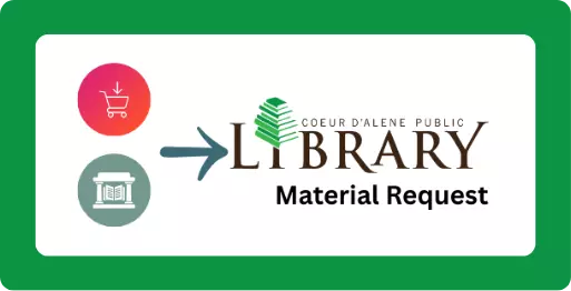 Coeur d'Alene Public Library Material Request with shopping card and library icons