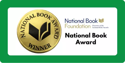 Medallion depicting a book and the words "National Book Award Winner"