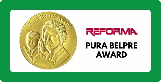 Medallion depicting three people reading a book and the words "Pura Belpre Award"