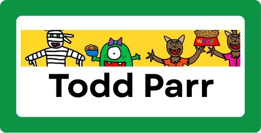 Todd Parr with mummy, one-eyed green monster holding a bowl of food, and two wolfmen holding a bowl of dog food.