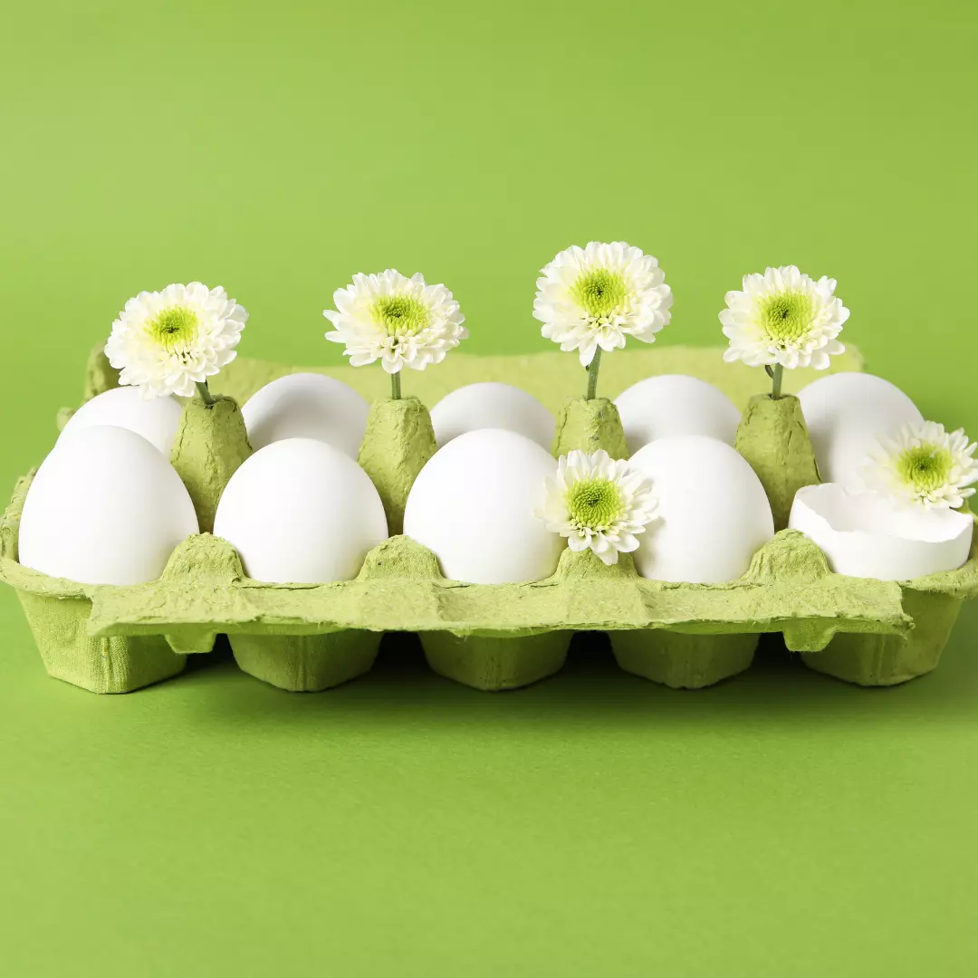White eggs in a green carton with small white flowers placed in several egg slots.