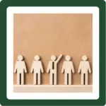 icon wood figures with middle figure raising hand and wearing a tie