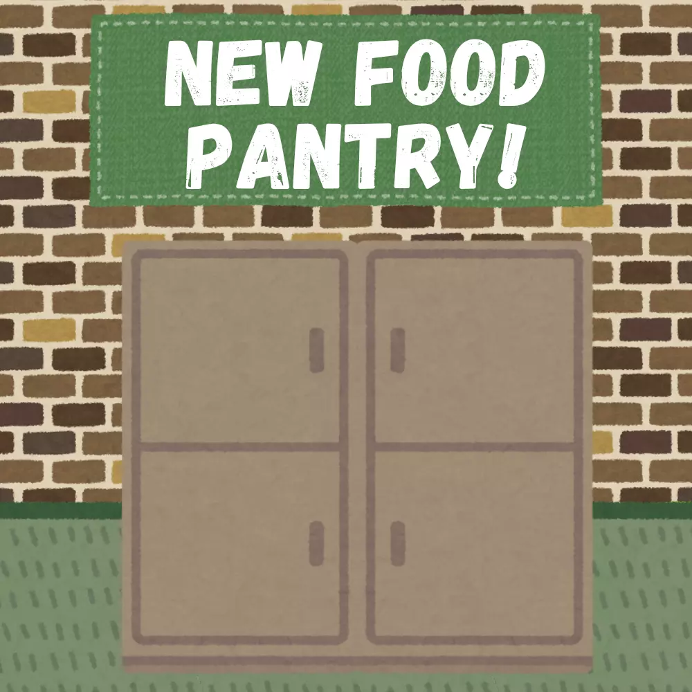 text: new food pantry. Image: cupboard